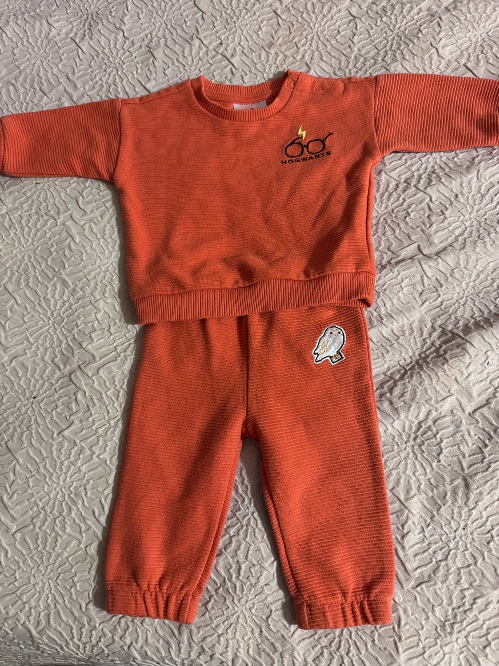 Kids Orange Hogwarts Pajama Set with Owl Patch